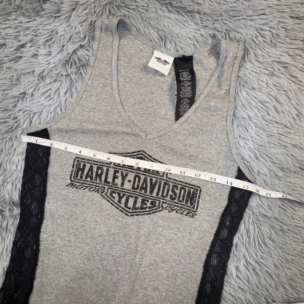 Harley Davidson Women's Large Gray Lace Side Trim Ribbed V-Neck Tank Top Shirt - Picture 4 of 9